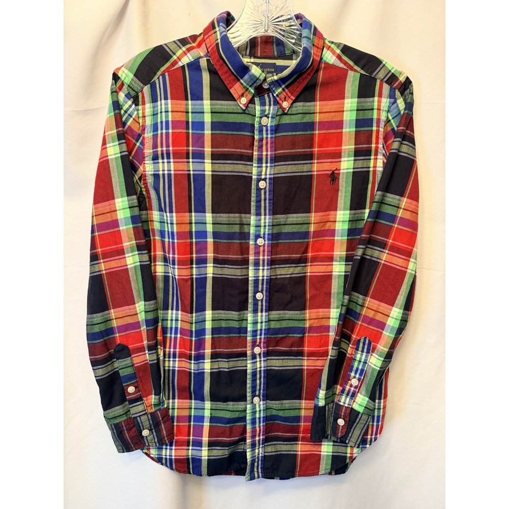Ralph Lauren Button Down Shirt Youth Large 14-16 Red Black Blue Plaid *Read